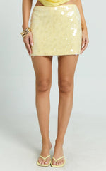 Rhonda Mini Skirt - Low Rise Sequin Skirt in Lemon