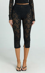 Roxanna Pants - Low Rise Lace Side Split Capri Pants in Black