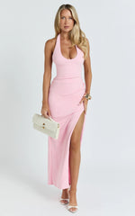 Ruby Maxi Dress - Halter Scoop Neck Low Back Bodycon Dress in Pink