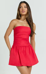 Donatella Mini Dress - Strapless Drop Waist Dress in Red