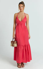 Augusta Midi Dress - Gathered Halter Neck Tiered Midi Dress in Red