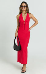 Arlette Midi Dress - Strappy V Neck Under Bust Gathered Tie Front Bias Slip Skirt Dress in Red