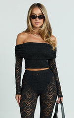 Roxanna Top - Lace Off Shoulder Long Sleeve Top in Black
