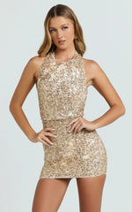 Leonie Mini Dress - Halter Cowl Neck Low Back Sequin Fitted Dress in Gold