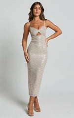Agatha Maxi Dress - Sequin Twist Front Cut Out Dress in Gold