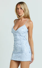 Sabine Mini Dress - 3D Sequin Floral Fitted Dress in Sky Blue