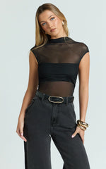 Brayden Bodysuit - High Neck Cap Sleeve Sheer Bodysuit in Black