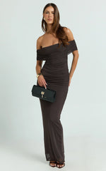 Caterina Maxi - Ruched Off Shoulder Mesh Dress in Chocolate