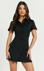 Noemie Mini Dress - Short Sleeve Faux Wrap Dress in Black