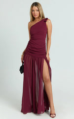 Behati Maxi Dress - One Shoulder Cut Out Fit And Flare Dress in Wine