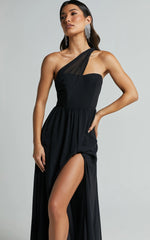 Amorette Maxi Dress - One Shoulder Detail Gown Dress in Black