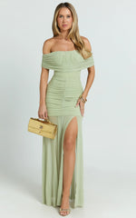 Alanna Maxi Dress - Off Shoulder Ruched Mesh Dress in Sage
