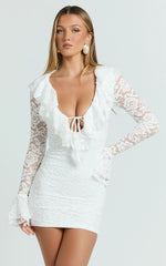 Fabienne Mini Dress - Ruffle Neck Long Sleeve Dress in White