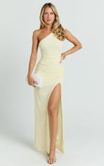 Georgia Maxi Dress - Mesh One Shoulder Ruched Bodycon Dress in Lemon