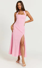 Narissa Midi Dress - Halter A Line Dress in Pink Gingham