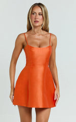 Carolina Mini Dress - Scoop Neck Panel Bodice Dress in Orange