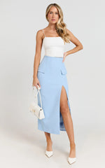 Davie Midi Skirt - High Waist Split Front Skirt in Ice Blue