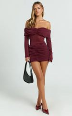 Rumi Mini Dress - Glitter Tulle Off Shoulder Ruched Dress in Wine