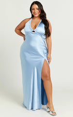 Adriene Maxi Dress - Satin Plunge Halter Dress in Dove Blue