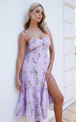 Monaco Midi Dress - Strappy Sweetheart Tiered Dress in Lavender Botanical Floral
