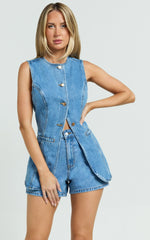 Rhianna Top - Button Down Longline Recycled Denim Vest Top in Mid Blue Wash