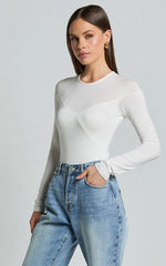 Kerryn Bodysuit - Long Sleeve Marl Cross Front Bodysuit in Ivory