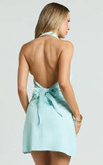 Sammie Mini Dress - Backless Halter Neck Linen Dress in Blue