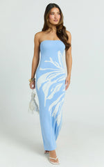 Rema Maxi Dress - Intarsia Floral Strapless Knitted Dress in Light Blue