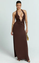 Denise Maxi Dress - Halter U Ruched Neck Cut Out Jersey Dress in Chocolate