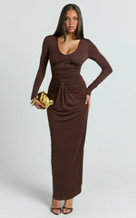 Dixie Maxi Dress - Plunge Long Sleeve Bodycon Dress in Chocolate
