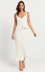 Polly Midi Skirt - Linen Low Waisted Front Bow Slip Skirt in Stone