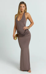 Heath Maxi Dress - Scoop Halter Neck With Drape Front Skirt Back Split Dress in Brown
