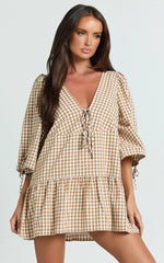 Nour Mini Dress - High Neck Tie Front Drop Waist Gathered Skirt Dress in Caramel/White Gingham