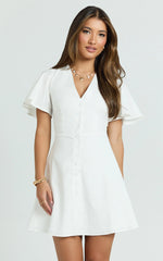 Sahar Mini Dress - Flutter Sleeve Button Through Dress in White
