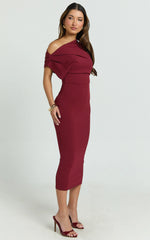 Nalfie Midi Dress - Tipped Shoulder Jersey Drape Dress in Wine