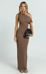 Clementine Maxi Dress - Tip Shoulder Ruched Bodycon Dress in Chocolate