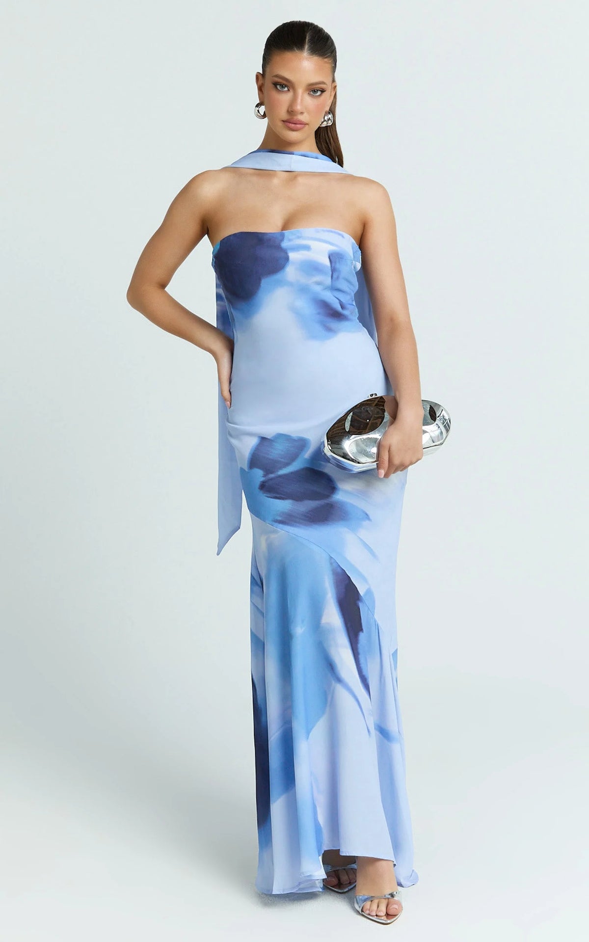 Angie Maxi Dress - Strapless Bias Column Dress with Scarf in Blue Print
