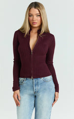 Jada Top - Double Zip Knitted Long Sleeve Top in Cherry Liqueur