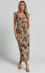 Athena Midi Skirt - Floral Mesh High Waist Skirt in Brown and Black Burnout