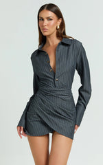 Desiree Mini Dress - Long Sleeve Wrap Skirt Shirt Dress in Grey