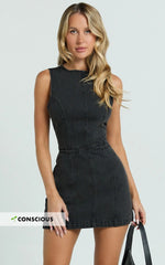 Olenna Mini Dress - High Neck Fitted Denim Dress in Washed Black