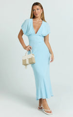 Desiree Midi Dress - V Neck Flutter Short Sleeve Slip Dress in Blue