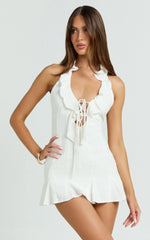 Barley Mini Dress - Ruffle Halter Tie Front Flounced Skirt Dress in White
