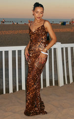 Hilary Maxi Dress - Sheer Cowl Neck Slip Dress in Leopard