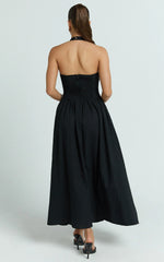 Athena Midi Dress - Halter Drop Waist Dress in Black