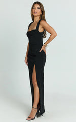 Donna Maxi Dress - Cowl Neck Column High Split Dress in Black