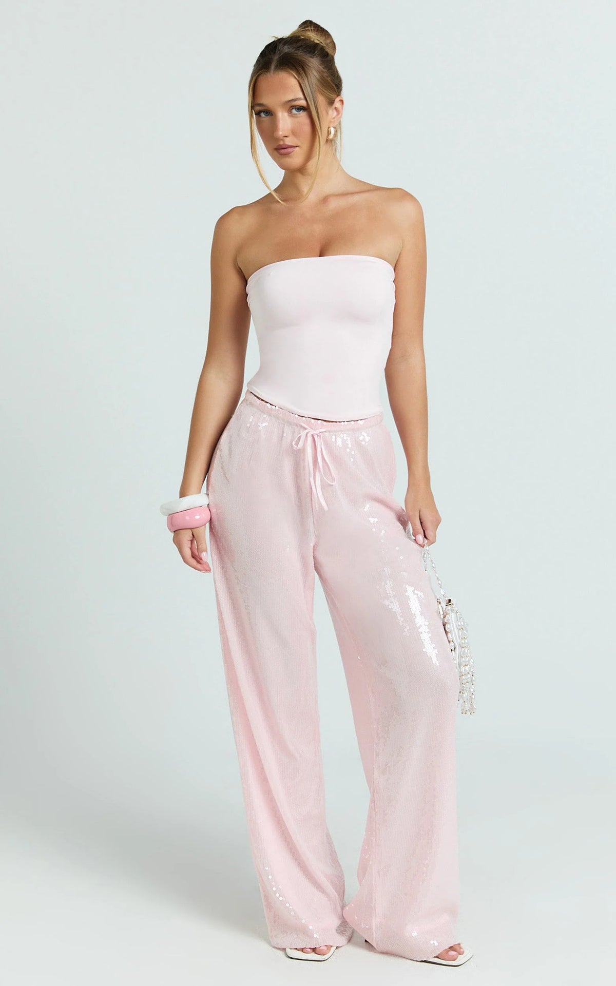 Mia Pants - Relaxed Drawstring Waist Sequin Pants in Baby Pink