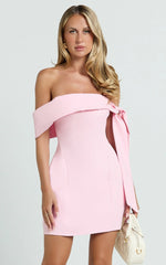 Cecilia Mini Dress - Off Shoulder Tie Detail Dress in Pink