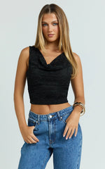 Dolores Top - Cowl Neck Lace Crop Top in Black