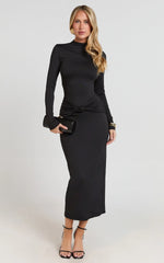 Amelita Midi Dress - Long Sleeve Knot Detail Dress in Black